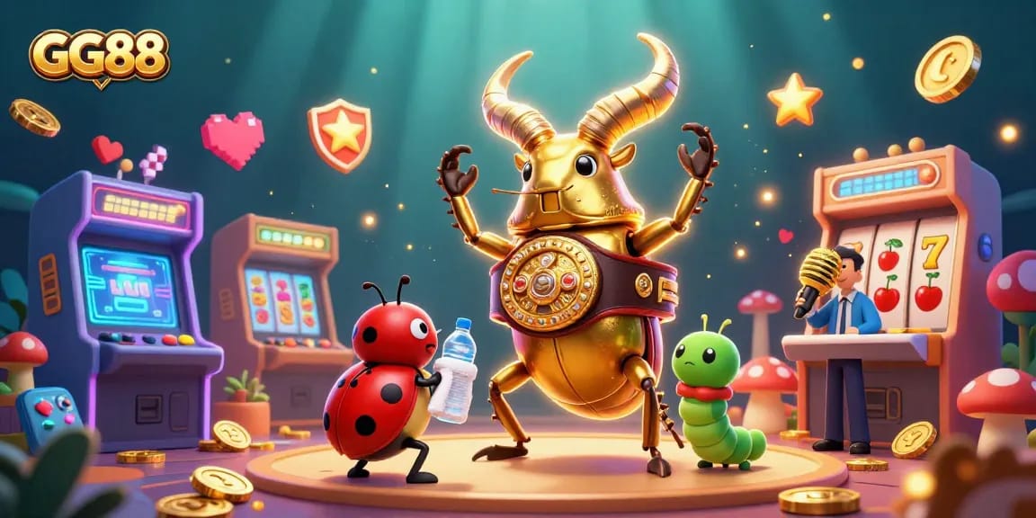 Experience GG88's thrilling environment with a golden beetle champion in a vibrant 3D casino scene.