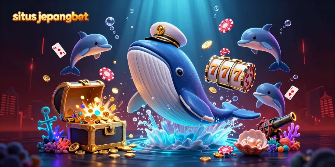 Engage with situs jepangbet, a thrilling mix of whales and dolphins amidst vibrant casino symbols and treasures.