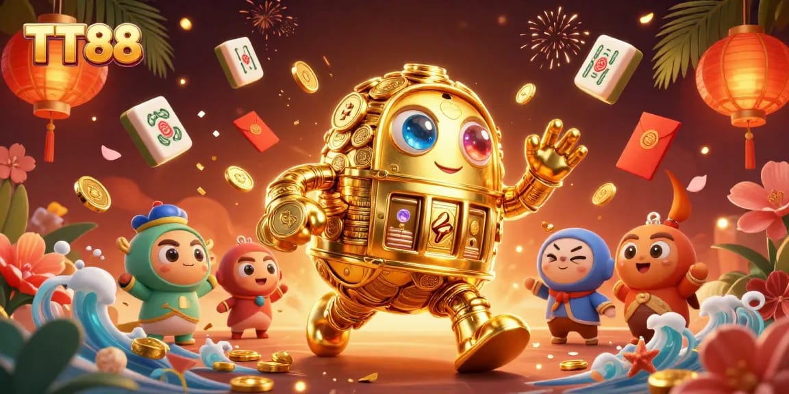 Engage with TT88 online gaming while exploring a vibrant 3D casino scene with golden coins and lucky symbols.