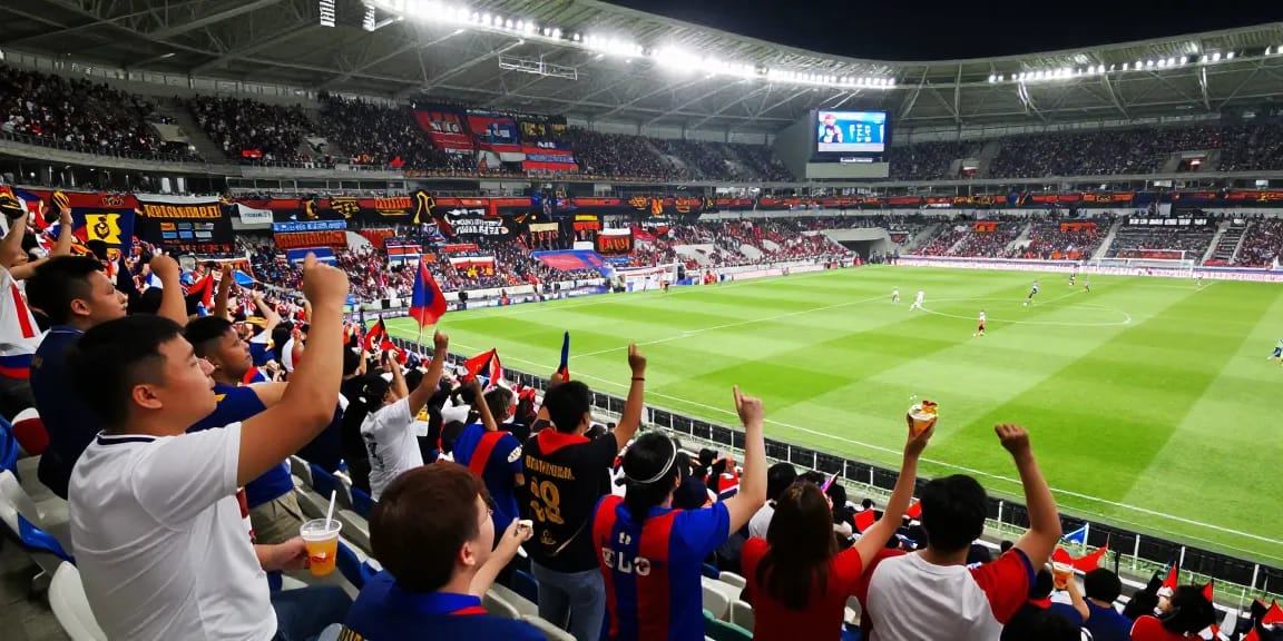 Live football match at موقع IHD Sports with enthusiastic fans cheering in vibrant stadium atmosphere.