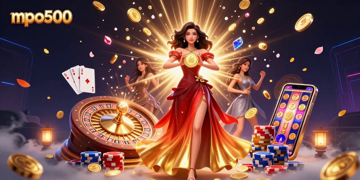 Engage in winning strategies with mpo500’s 3D visual showcasing a golden coin and casino elements.