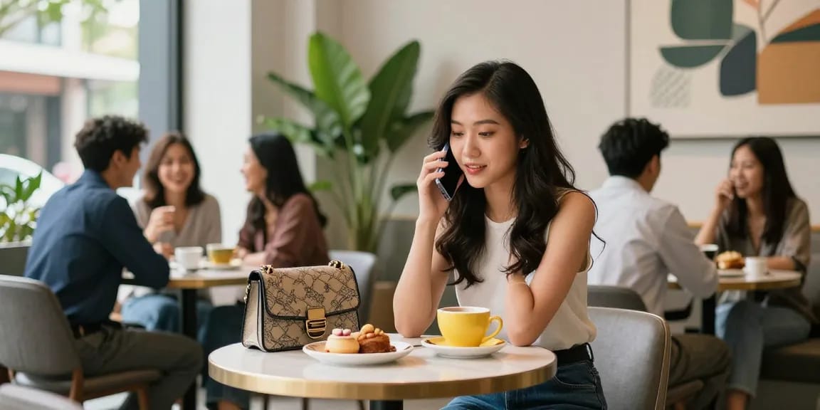 Gái gọi đang trò chuyện tại quán cà phê hiện đại, phong cách thời trang và không khí ấm cúng.