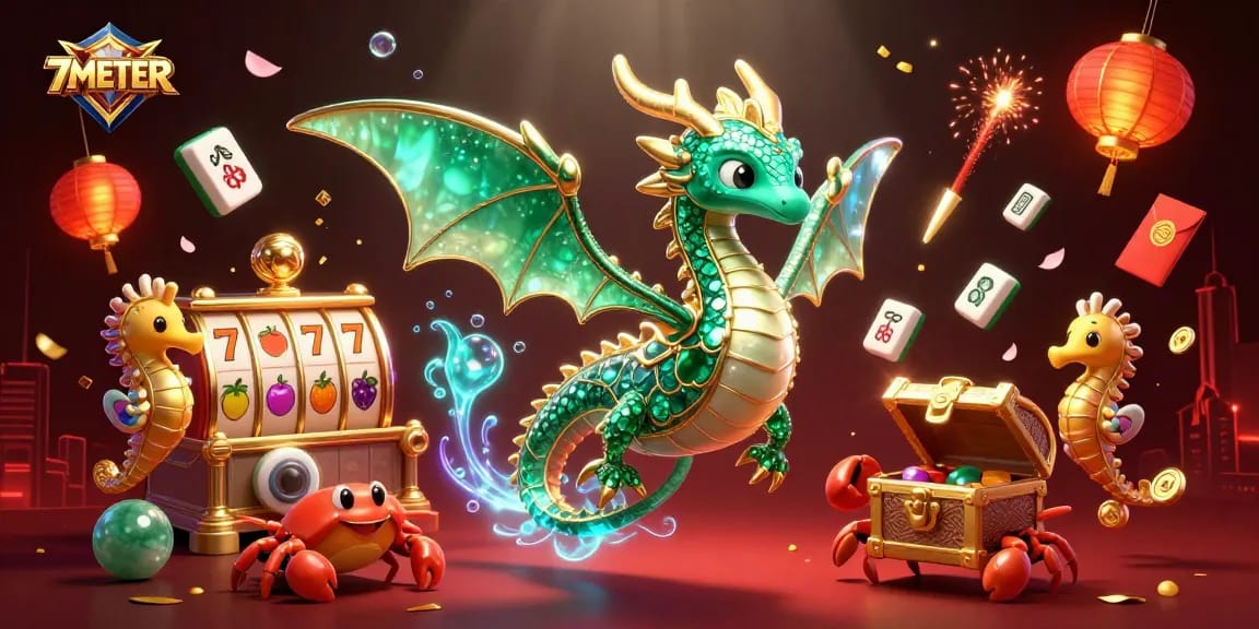 Engage in gaming excitement with 7METER, featuring vibrant 3D slot elements and animated gold treasures.