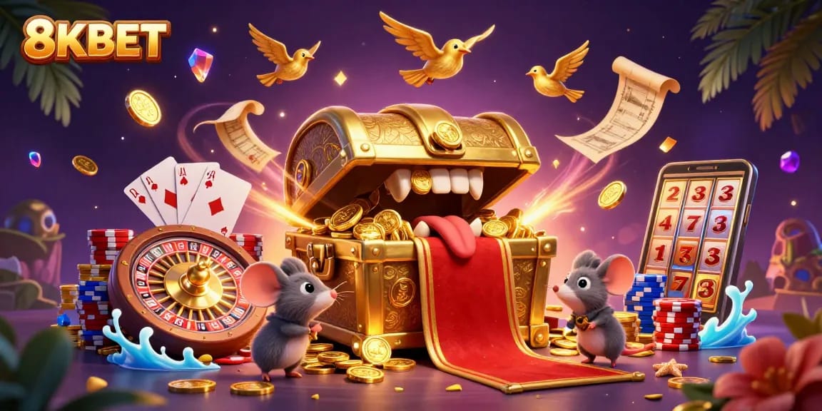 Experience the thrill of 8KBET casino with enticing treasures and vibrant gaming elements.
