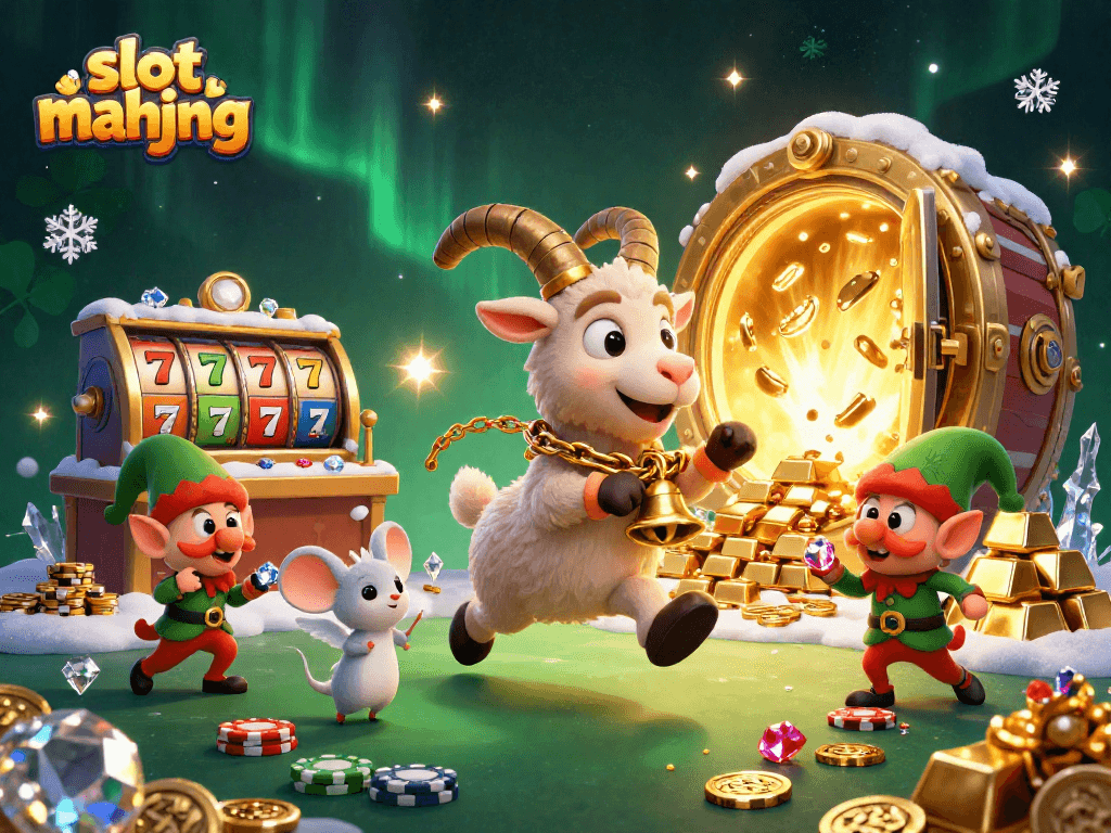 Experience slot mahjong excitement with Krampus and whimsical characters stealing chips in a lively casino.