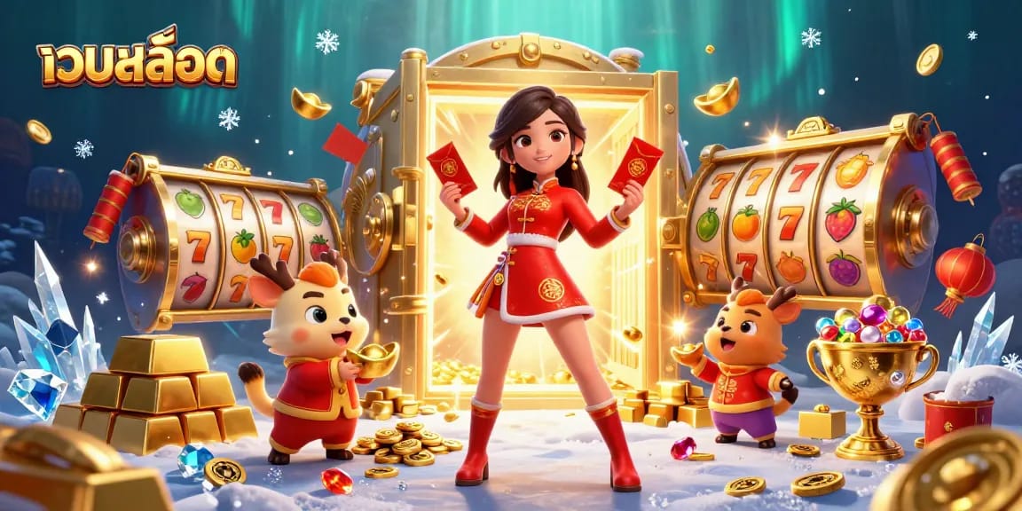 Engage in thrilling slot action with เว็บสล็อต, featuring a vibrant 3D scene filled with gold and festive elements.