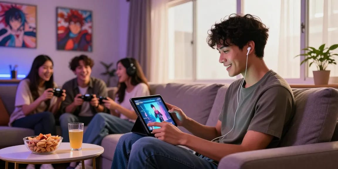 Gamer enjoying an android hentai game on a tablet in a stylish living room.