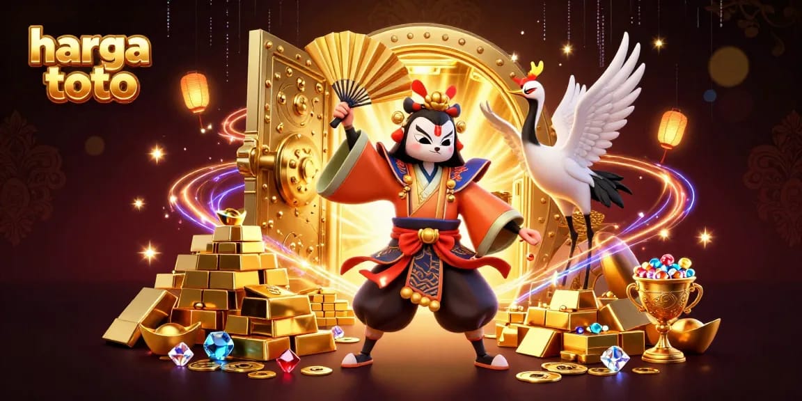 Engage with harga toto featuring a kabuki warrior and kitsune in a vibrant casino treasure scene.