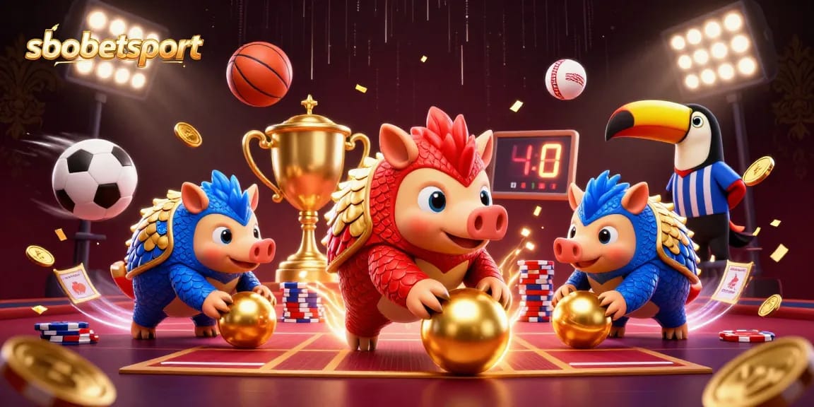 Experience sports betting action with sbobetsport through dynamic pangolins and flying sports balls.
