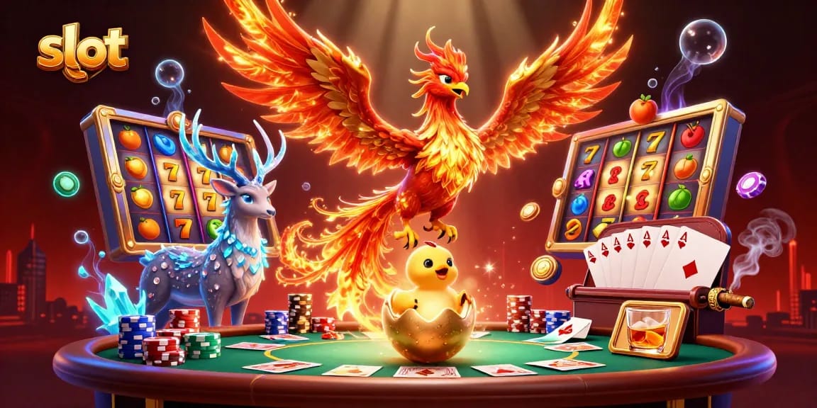 Menangkan jackpot di slot gacor dengan ilustrasi memukau phoenix api dan simbol keberuntungan di kasino.