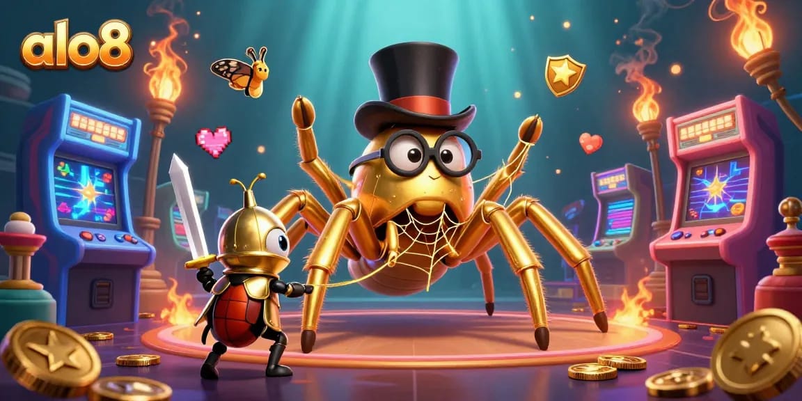 Alo8 captivates players with an energetic scene featuring a golden tarantula, beetle knight, and vibrant gaming elements.