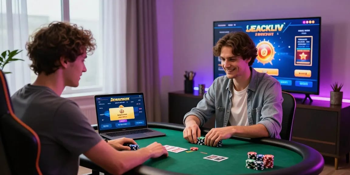Dewapoker Live Jackpot gaming moment with a player winning, poker chips, and vibrant LED lighting.