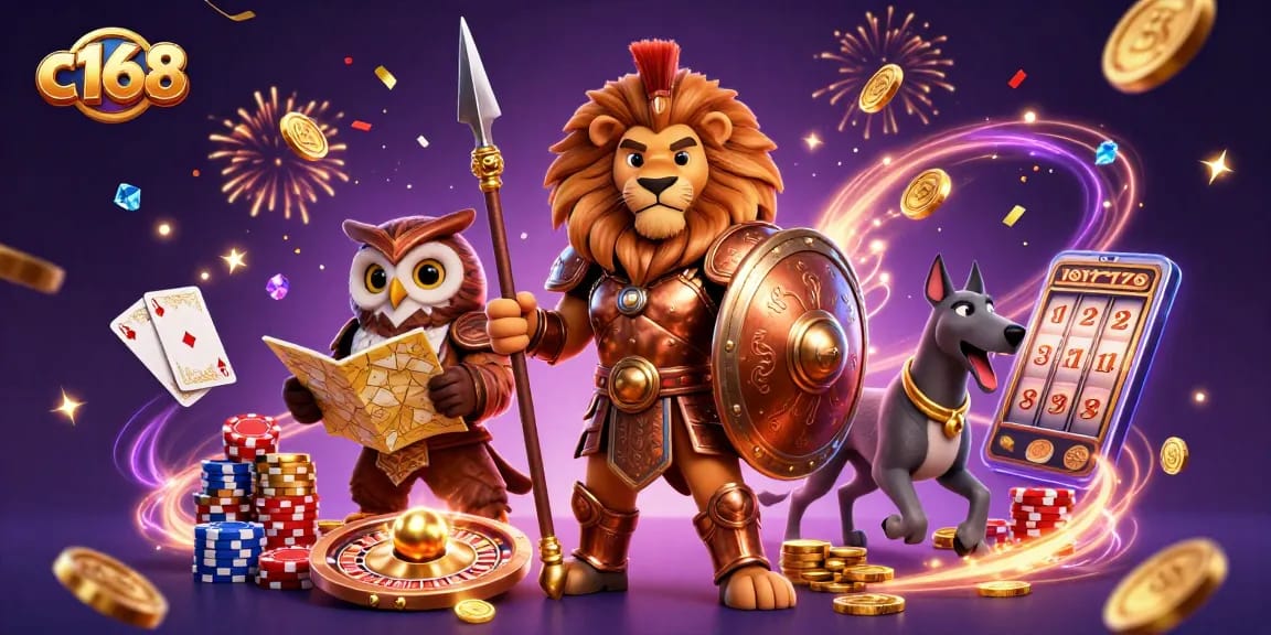 Win big with c168: a thrilling casino adventure featuring a lion in armor, poker chips, and golden coins.
