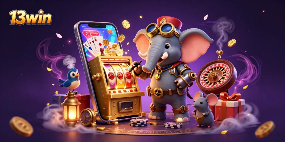 Experience the excitement of 13win with a steampunk elephant operating slots amidst coins and cards.