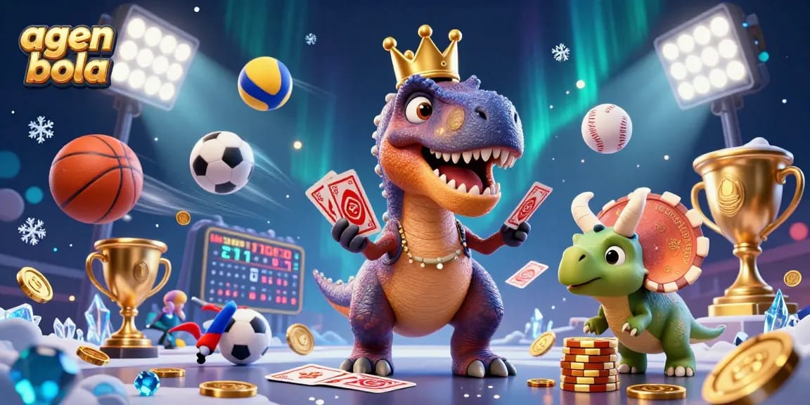 Engage with agen bola in a lively scene featuring a T-Rex, pterodactyl, and triceratops in sports betting.