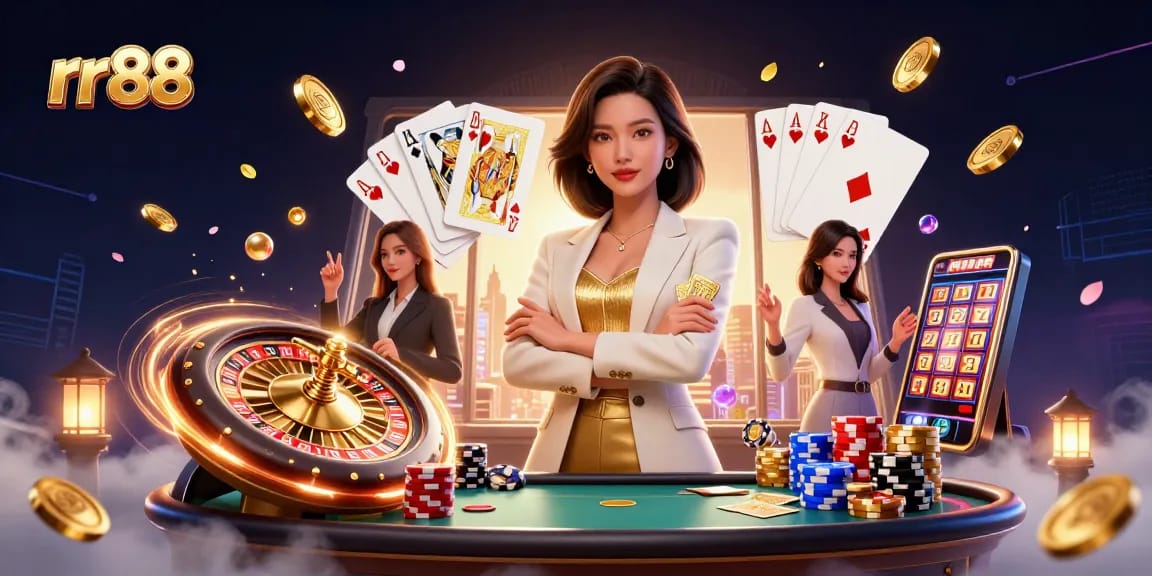 Engage with rr88 by exploring exciting casino games featuring the glamorous woman holding cards.