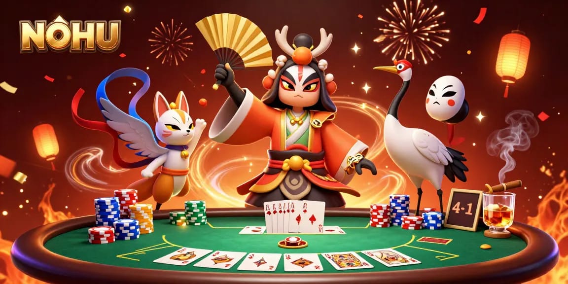 Engage in poker action at NOHU featuring kabuki warrior characters in vibrant casino scene.