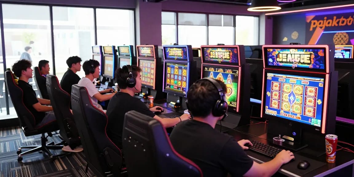 Players enjoying pajaktoto in a lively gaming lounge with colorful screens and vibrant atmosphere