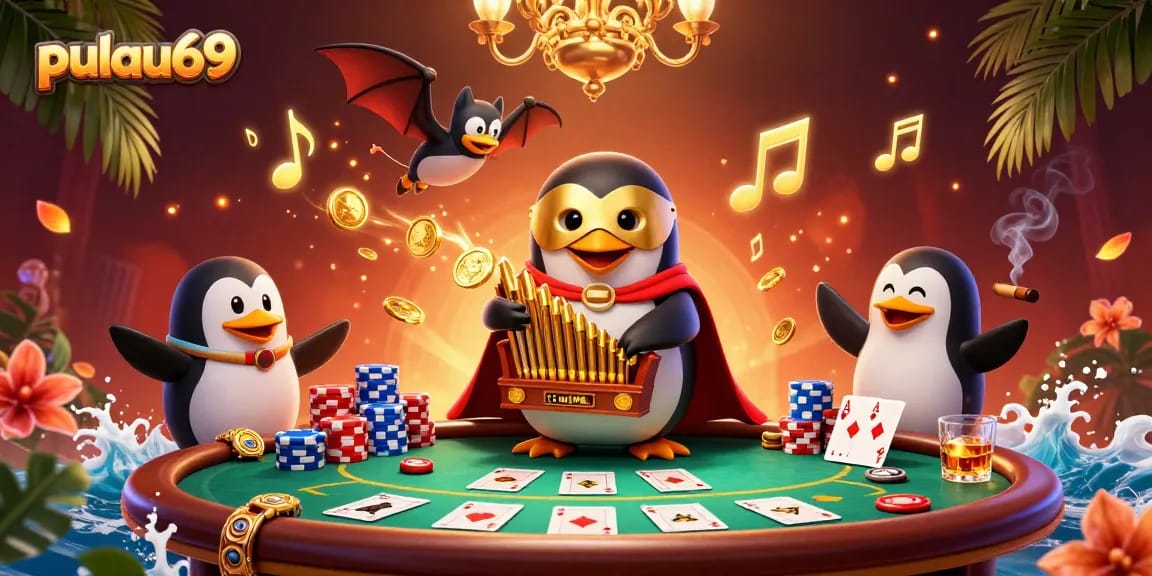 Pulau69 showcases a lively casino scene with a penguin playing an organ shooting coins amidst poker elements.