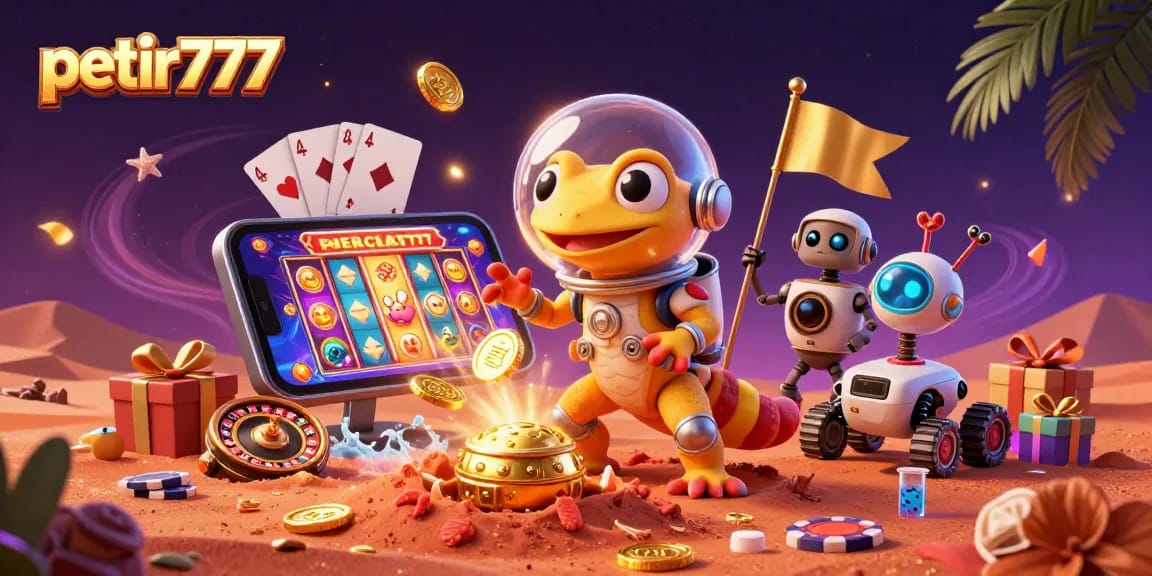 Engage with exciting petir777 slots featuring a Martian gecko and vibrant casino elements in this rich 3D illustration.