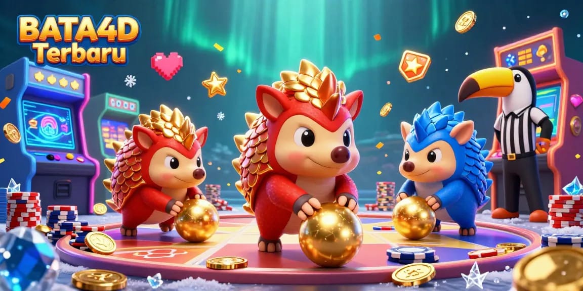 BATA4D Terbaru menunjukkan pangolin berkompetisi sambil menggulung bola emas di kasino online.
