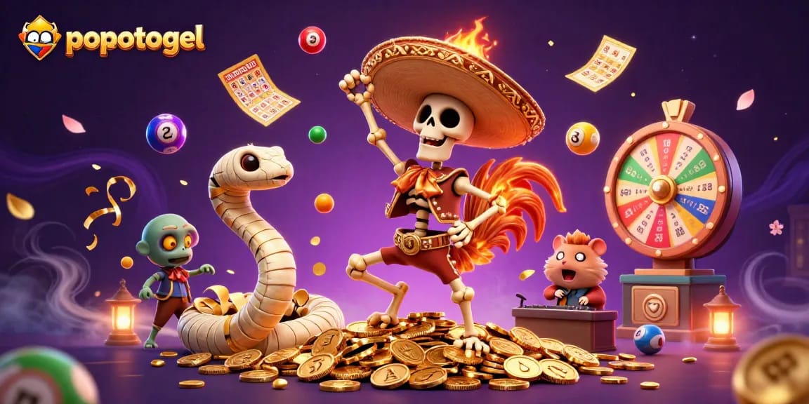 Experience popotogel luck as a vibrant 3D scene filled with lottery excitement and winnings.