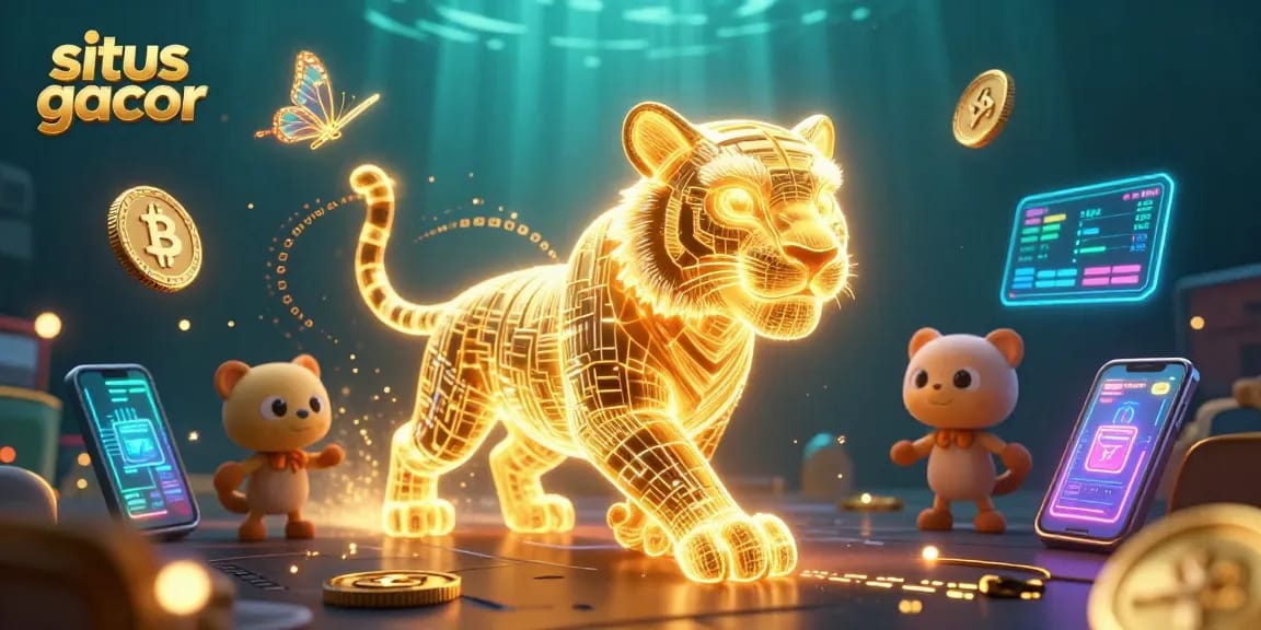 Engage in situs gacor and witness the golden tiger amidst a vibrant digital casino setting.