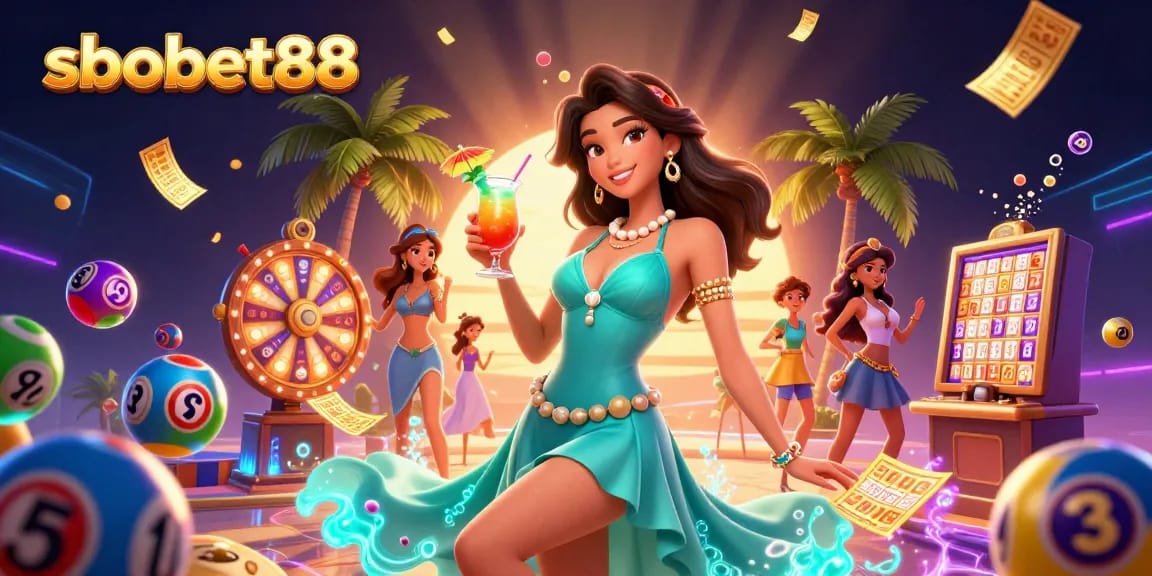 Engage with sbobet88's thrilling casino experience in a vibrant beach setting.
