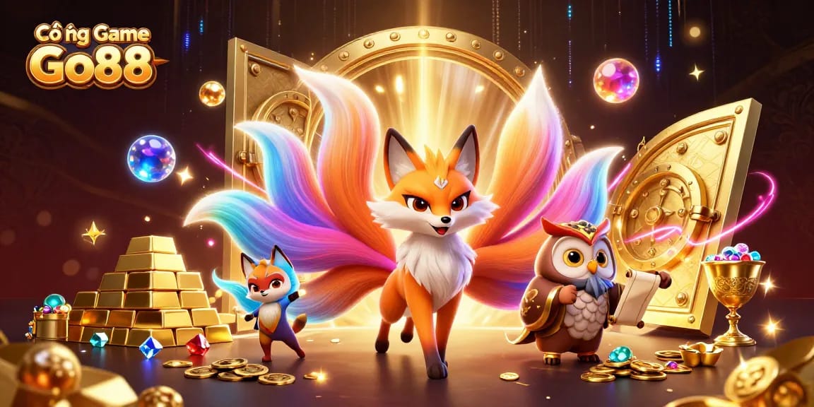 Cổng Game Go88 showcases an enchanting 3D scene of a nine-tailed fox with glowing tails and treasures from a vibrant casino universe.