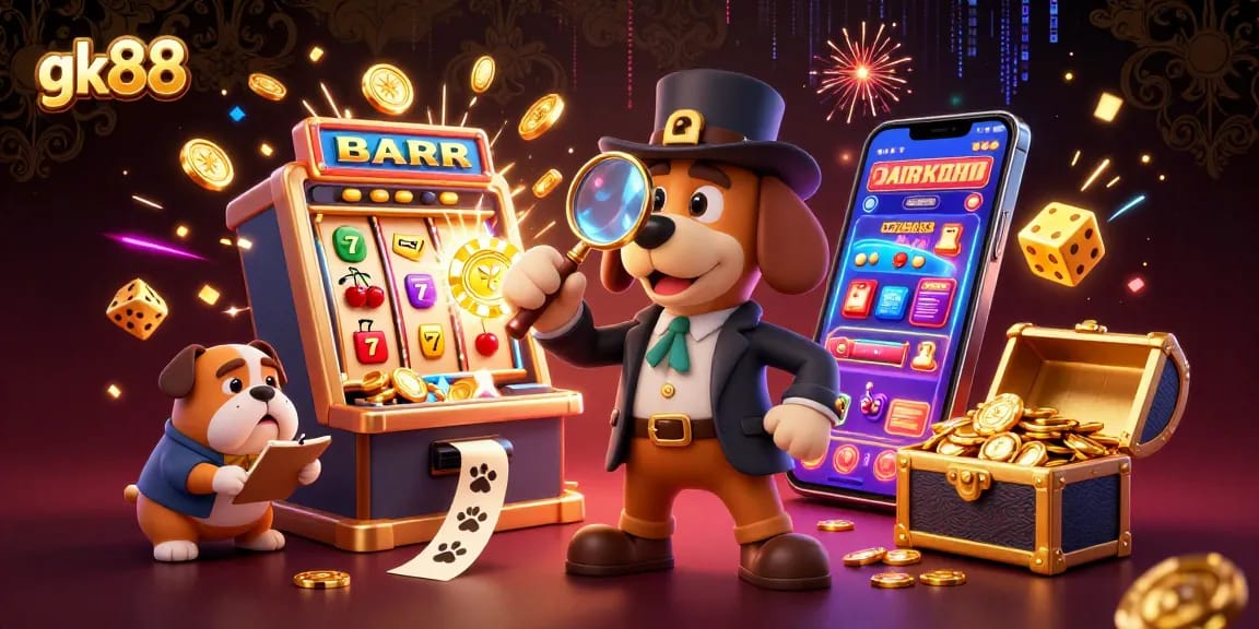 Experience the thrill of gk88's casino world with a captivating 3D illustration of a detective discovering treasures and jackpots.