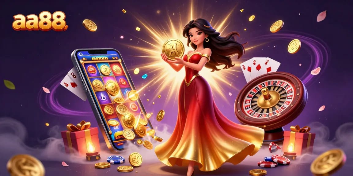Experience the thrill of aa88 with an enchanting golden coin and vibrant casino elements.