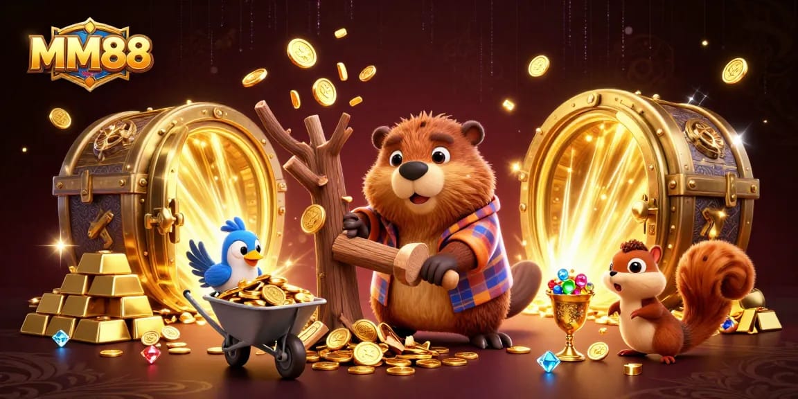Experience the thrill of MM88 with cartoon characters collecting coins in a vibrant casino scene.
