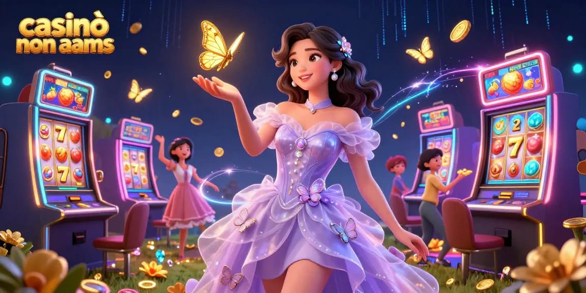 Vivi l'emozione dei casinò non AAMS con farfalle dorate e slot machine dinamiche.
