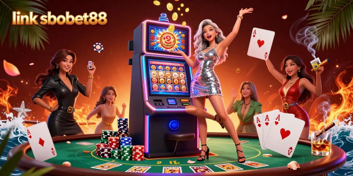 Place your bets with excitement on link sbobet88, featuring a joyful Asian woman celebrating a jackpot amidst casino elements.