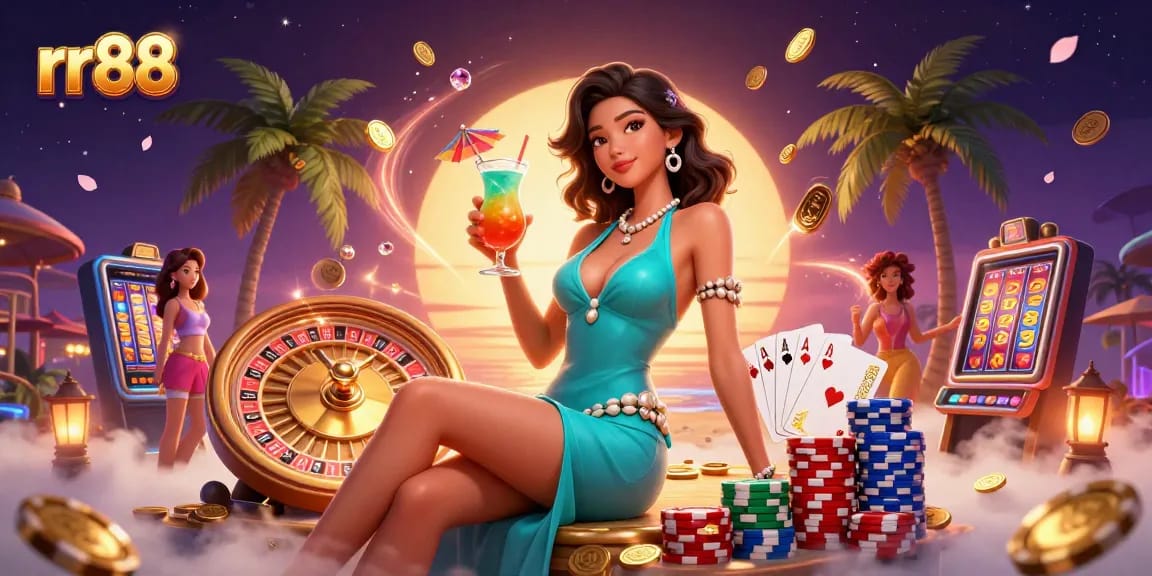 Engage with rr88 in a vibrant beach casino scene featuring glamorous characters and dynamic gambling elements.