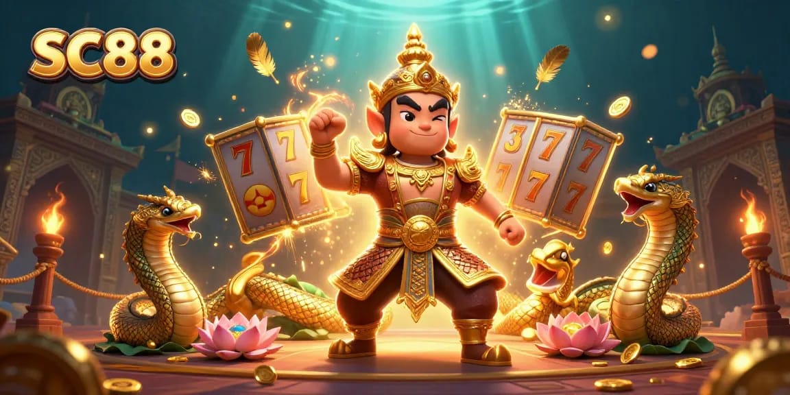 Engage with SC88 at a vibrant online casino featuring a guardian and Naga amidst dynamic gaming elements.