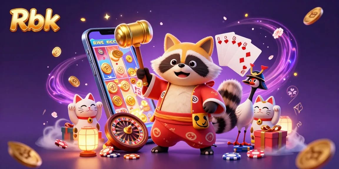 Enjoy Rbk's thrilling slot games with a cheerful tanuki, gold coins, and lucky charms in this colorful scene.