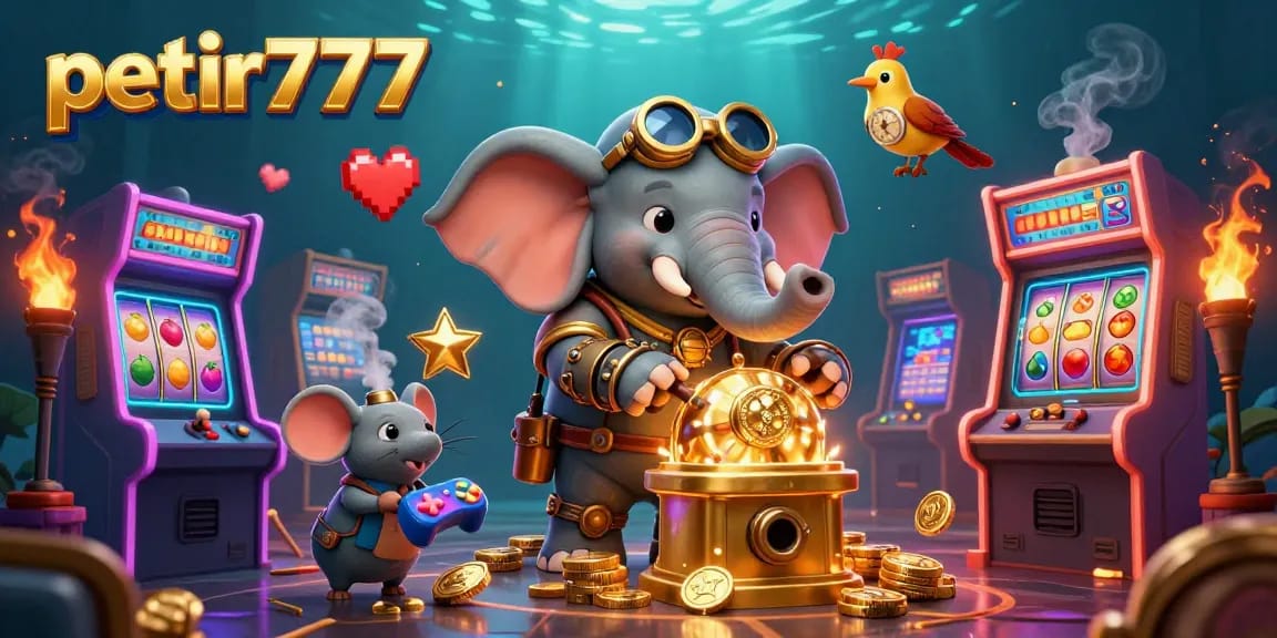 Engage with petir777's thrilling slot action, featuring a steampunk elephant operating a golden machine with vibrant gaming elements.