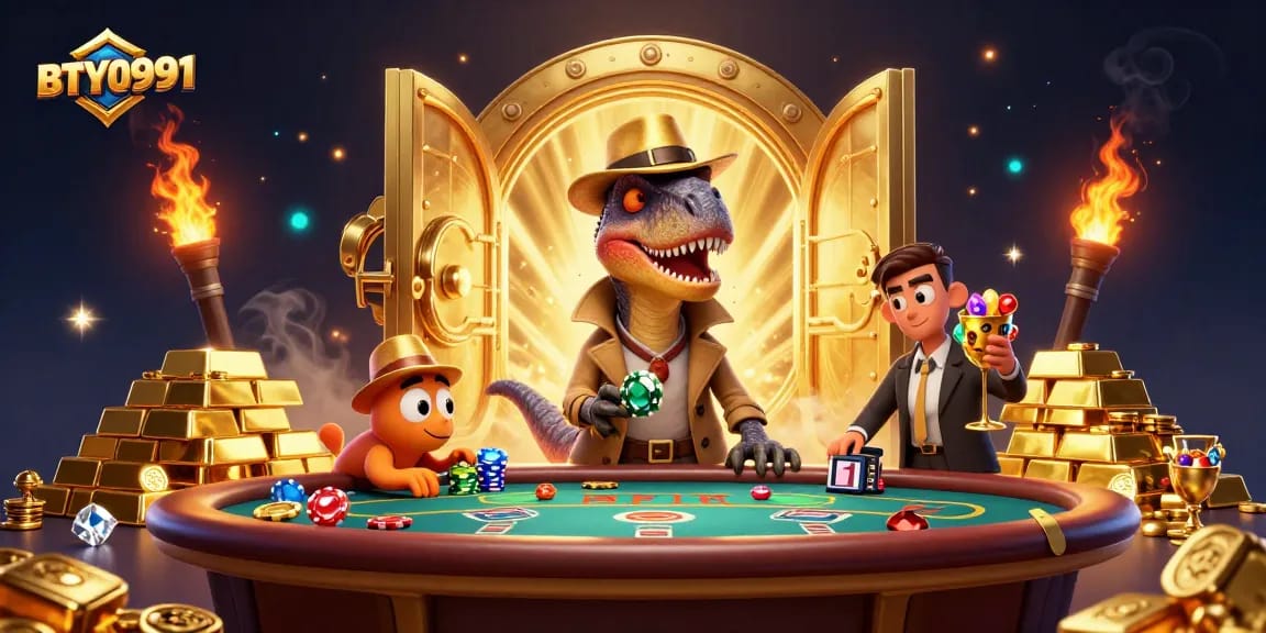BTY0991 velociraptor counter at blackjack table among gold treasures.