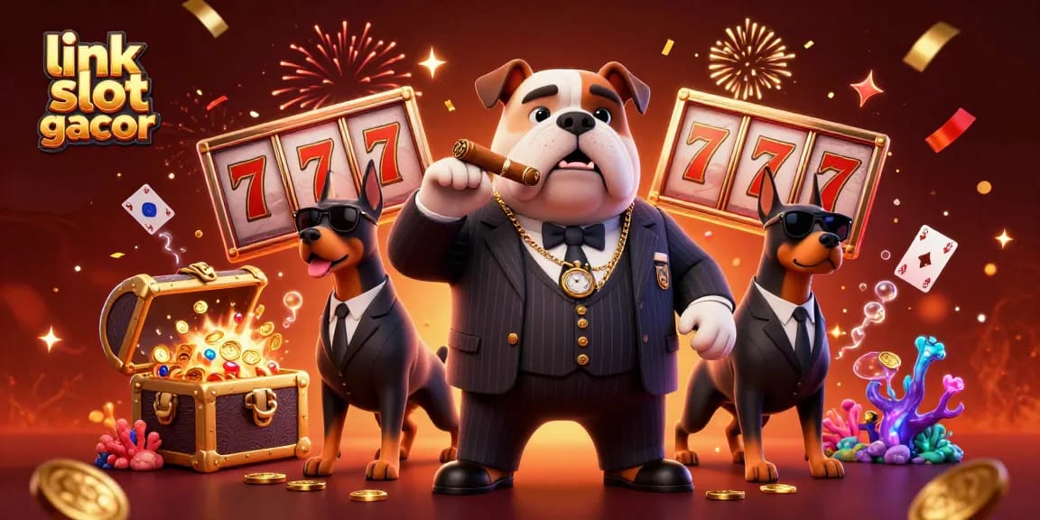 Win big with link slot gacor: mafia boss bulldog and Doberman bodyguards amidst exploding treasure and vibrant casino elements.