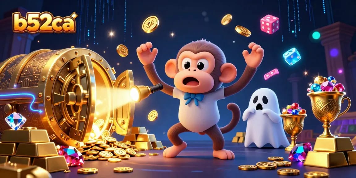 Engage with b52ca's haunted casino scene featuring a mischievous poltergeist monkey juggling golden treasures.