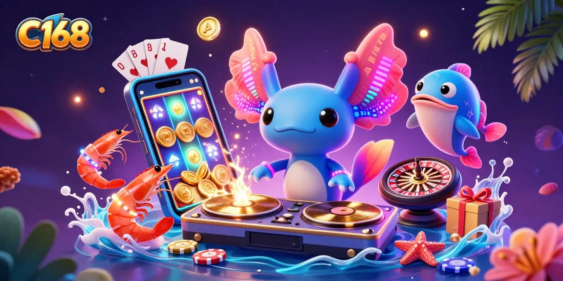 C168 offers vibrant casino action with neon axolotl DJ, spinning slots, and party atmosphere.
