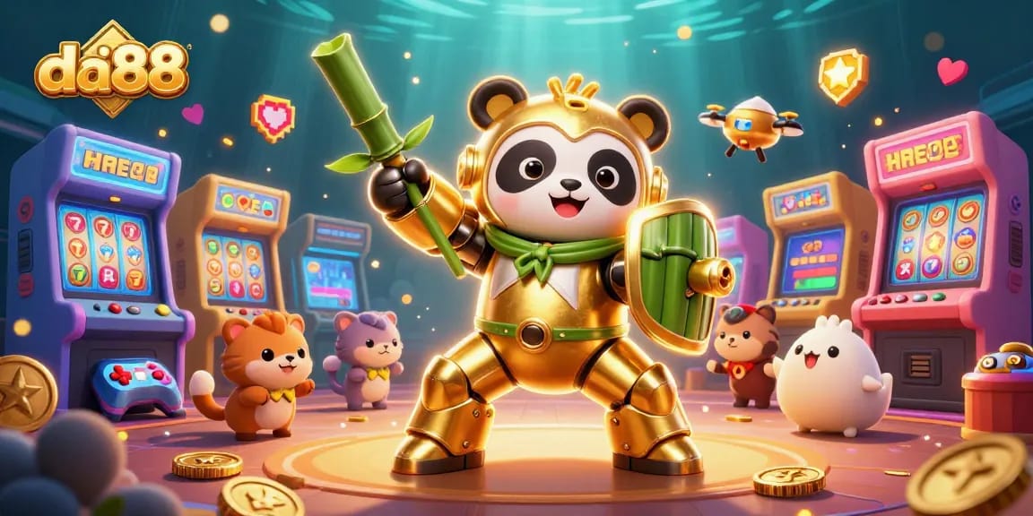Experience thrilling da88 gameplay as a golden panda battles in a vivid casino arena.