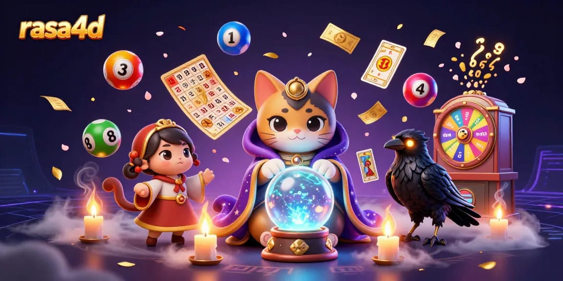 Menghasilkan momen beruntung di rasa4d dengan karakter mistik, bola lotere, dan permainan bingo.