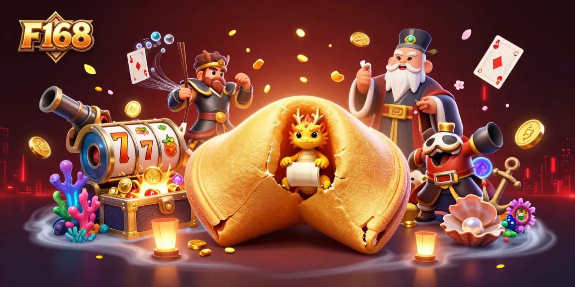 F168 presents a captivating casino scene with a golden fortune cookie and vibrant gaming elements.
