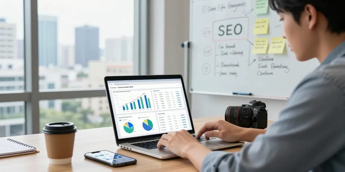 Expert analyzing SEO metrics for pbn link building service in modern workspace with city view.