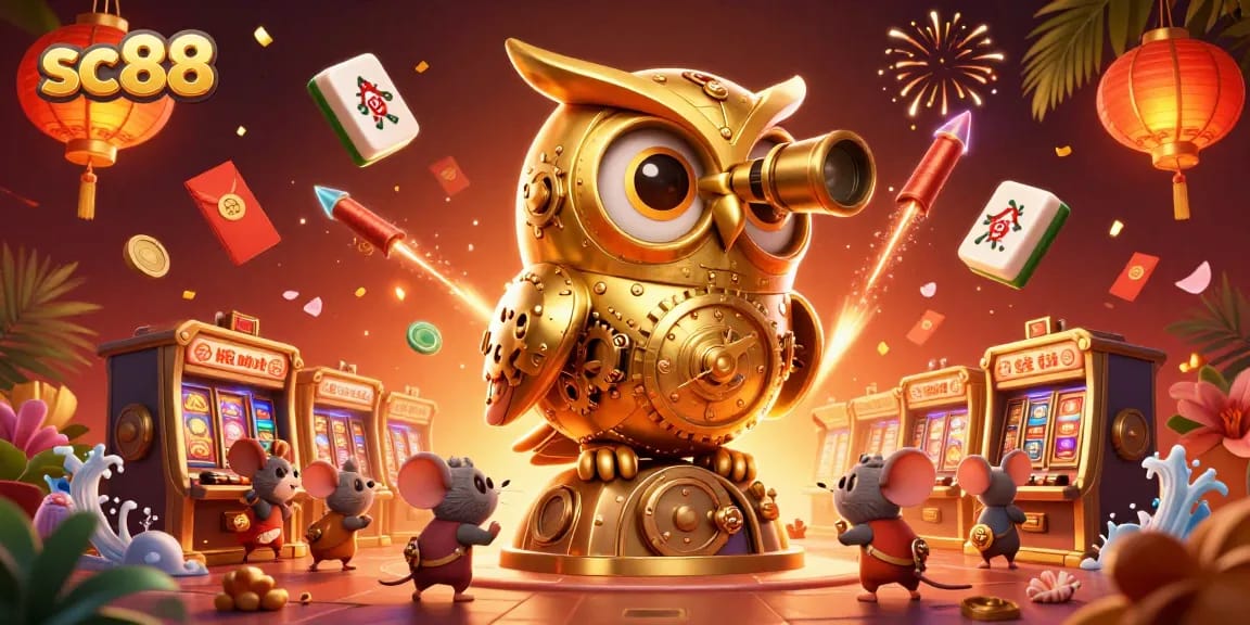 Engage with the thrilling world of SC88 casino games featuring an animated owl surveying the bustling slot machines.