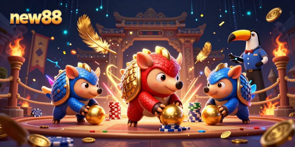 Experience thrilling action at new88 with rival pangolins competing in a vibrant casino scene filled with poker chips.