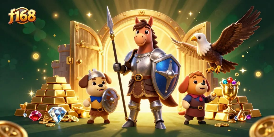 Engage in f168’s thrilling online games with majestic knights and treasures in a vibrant, cartoonish 3D scene.