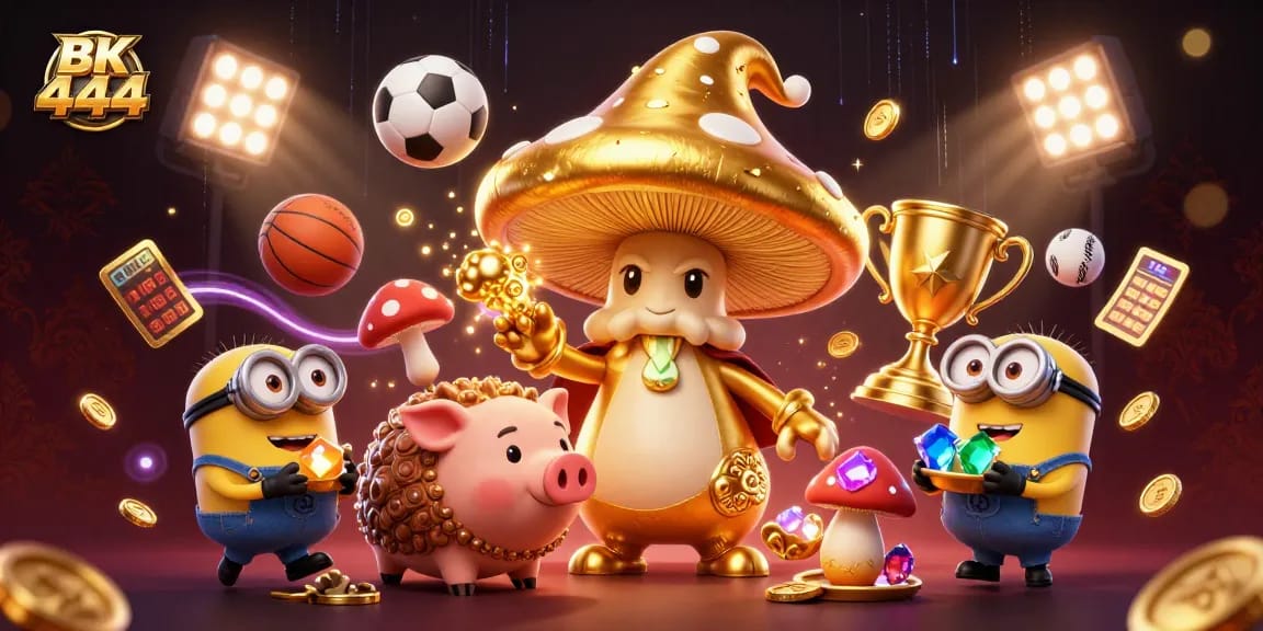 Engage in thrilling bets at BK 444 with vibrant sports elements and magical casino characters.